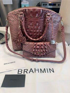 Brahmin Croc-Embossed Satchel and Wallet Set in Dusty Rose